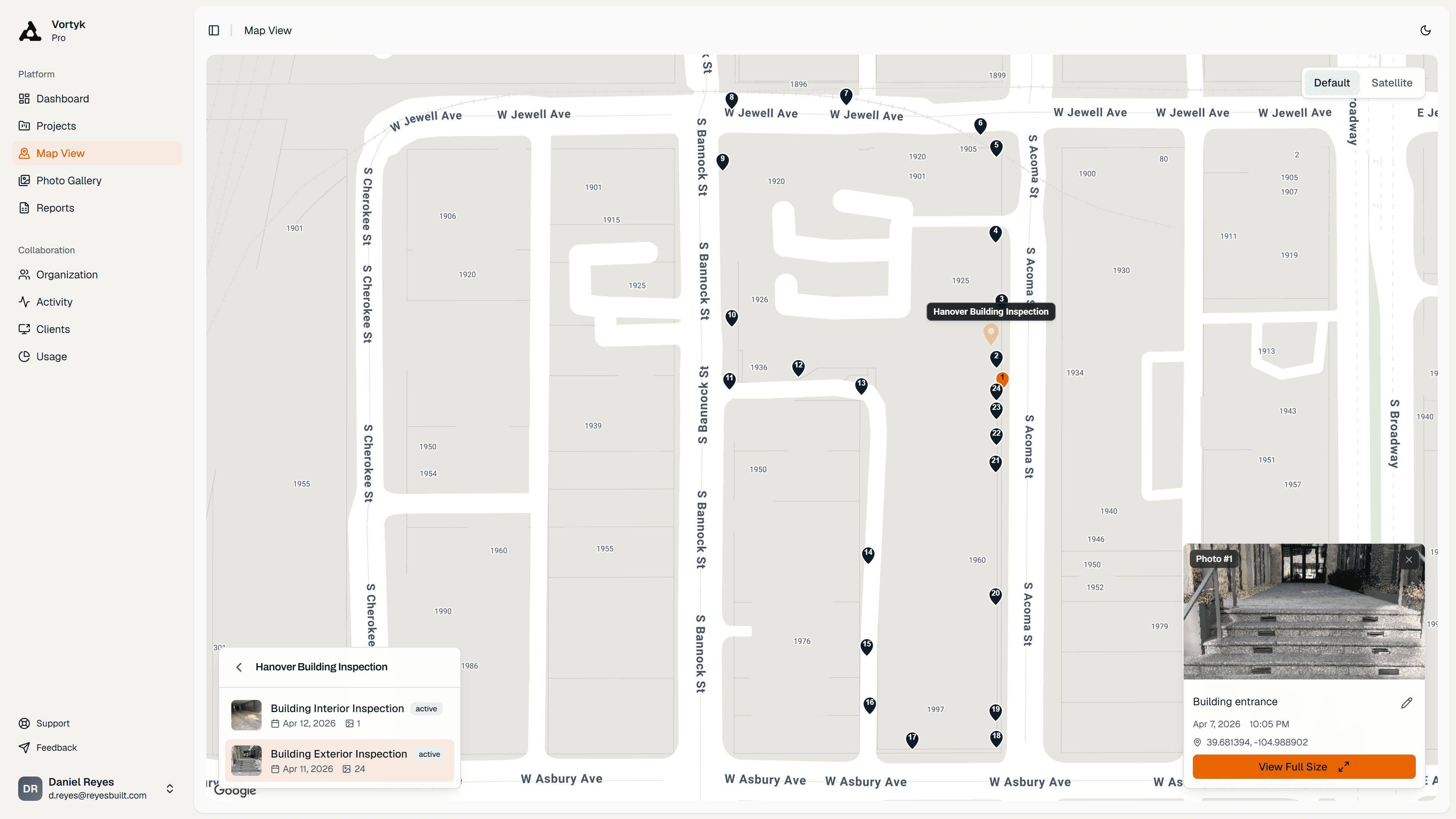 Vortyk map view plotting every geotagged inspection photo across a project site